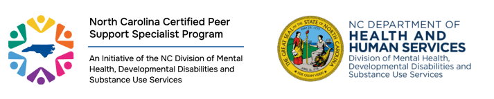 NC certified peer support specialist program logo and NC DHHS Division of MHDDSUD