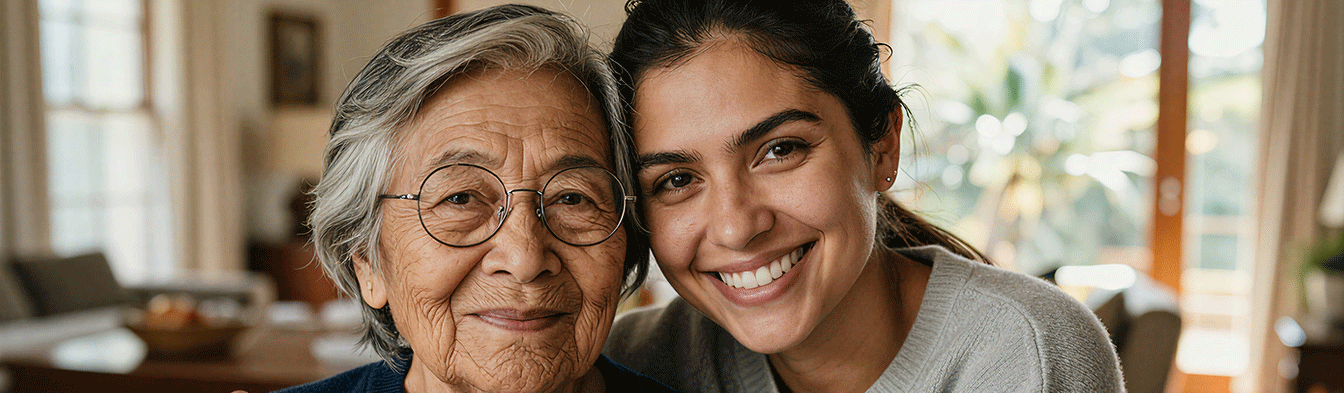 Younger woman hugs with older woman and smiles at camera